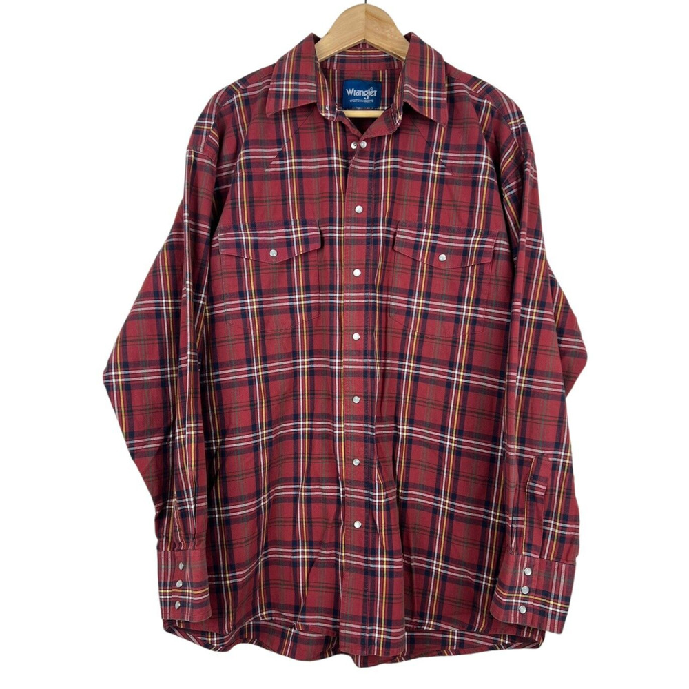 Wrangler Western Shirt Men's 2XL Red Plaid Pearl‎ Snap Rodeo Long Sleeve Vintage